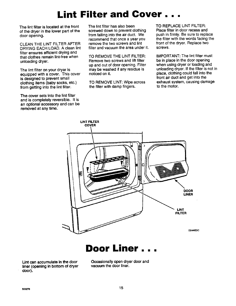 Lint filter and cover, Door liner | Amana D2491E3B User Manual | Page 15 / 17