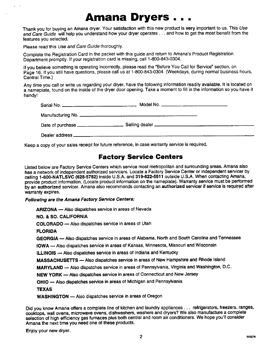 Amana dryers, Factory service centers | Amana D2491E3B User Manual | Page 2 / 17