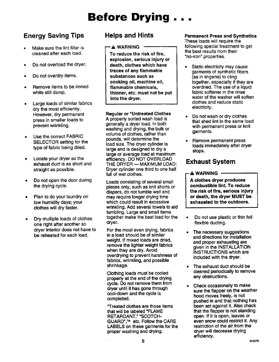 Before drying, Energy saving tips, Helps and hints | Exhaust system, Energy saving | Amana D2491E3B User Manual | Page 6 / 17