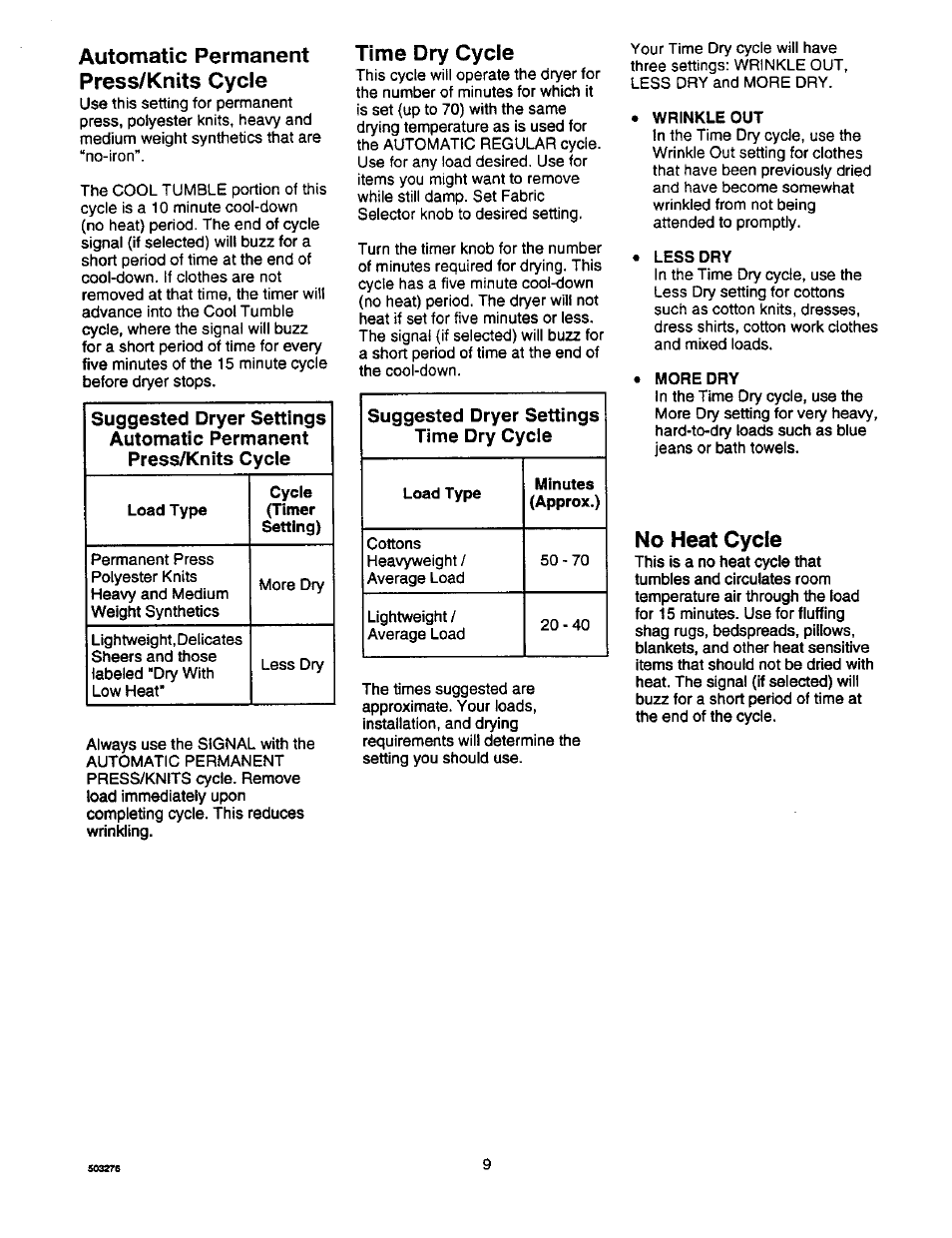 Automatic permanent press/knits cycle, Time dry cycle, No heat cycle | Amana D2491E3B User Manual | Page 9 / 17