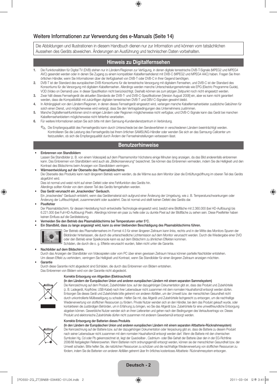 Hinweis zu digitalfernsehen, Benutzerhinweise | Samsung PS59D550C1W User Manual | Page 22 / 78