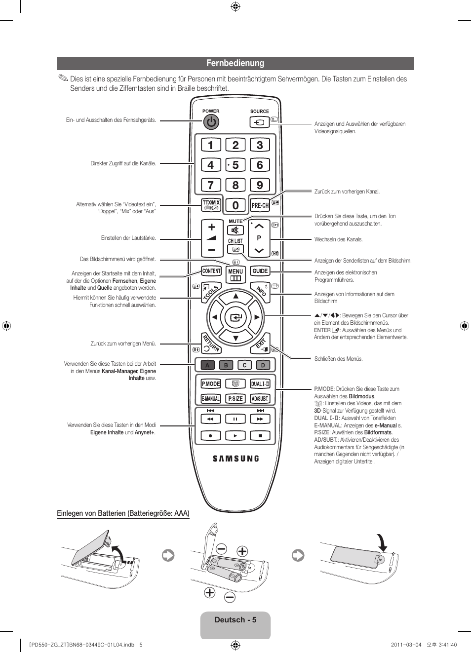 Fernbedienung | Samsung PS59D550C1W User Manual | Page 25 / 78