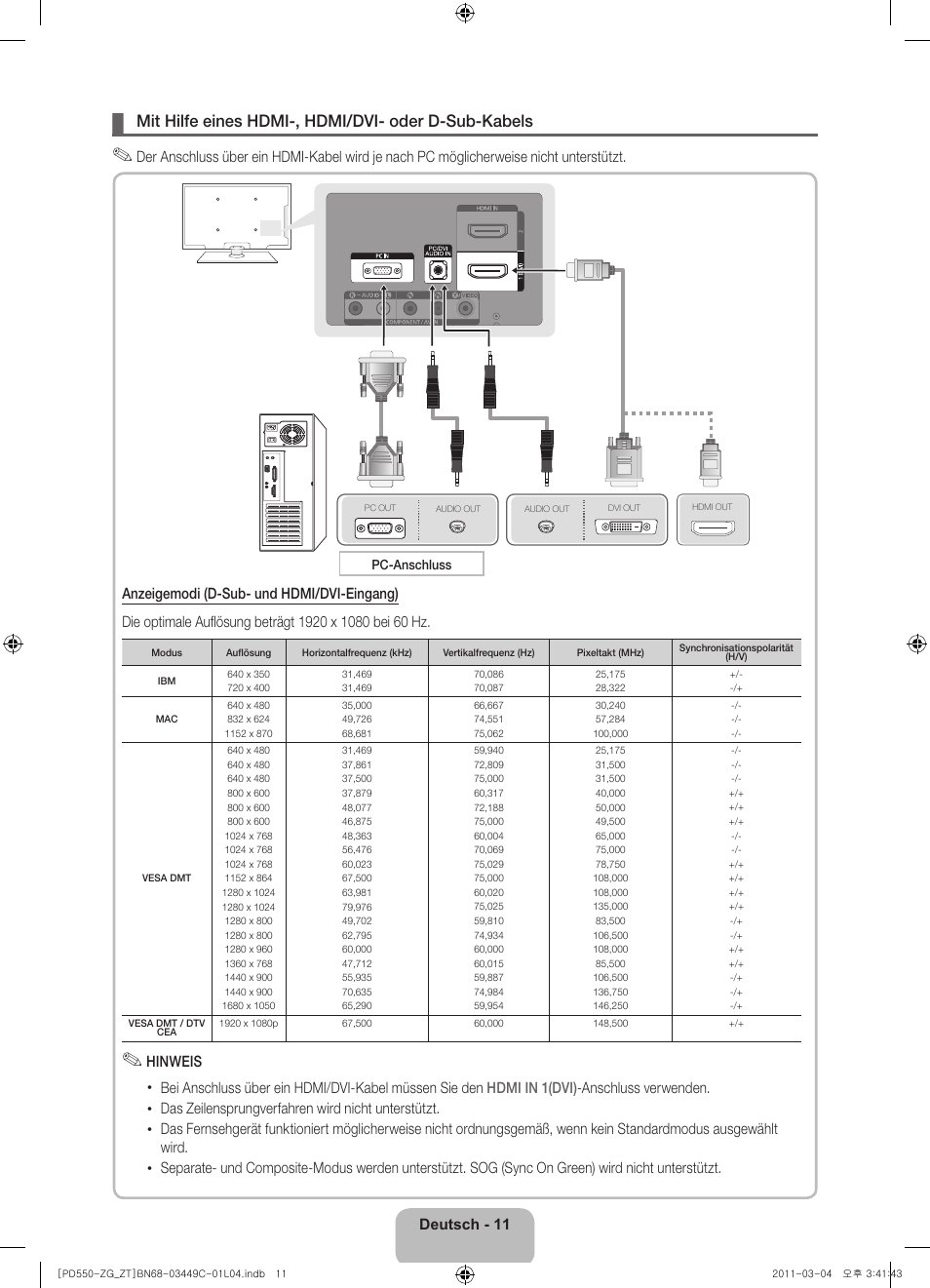 Mit hilfe eines hdmi-, hdmi/dvi- oder d-sub-kabels | Samsung PS59D550C1W User Manual | Page 31 / 78