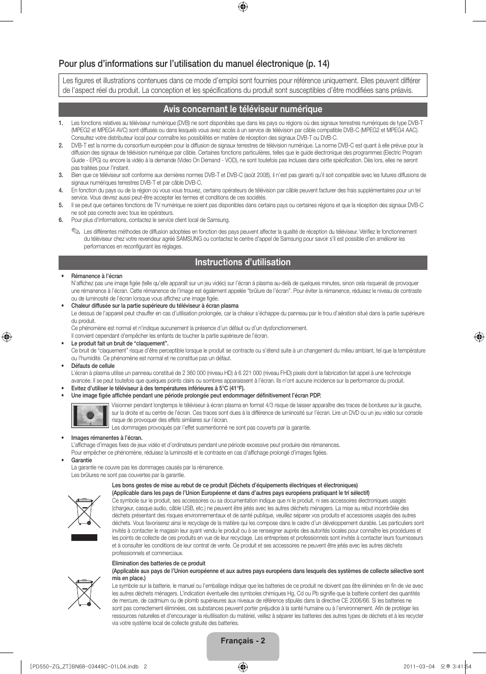 Avis concernant le téléviseur numérique, Instructions d’utilisation | Samsung PS59D550C1W User Manual | Page 40 / 78