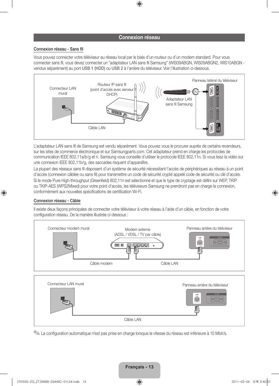 Connexion réseau | Samsung PS59D550C1W User Manual | Page 51 / 78