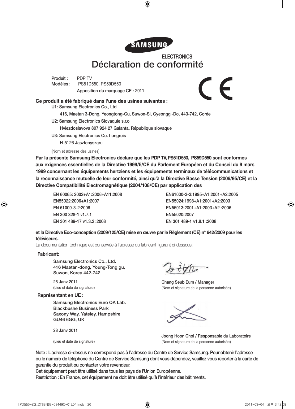 Déclaration de conformité | Samsung PS59D550C1W User Manual | Page 58 / 78