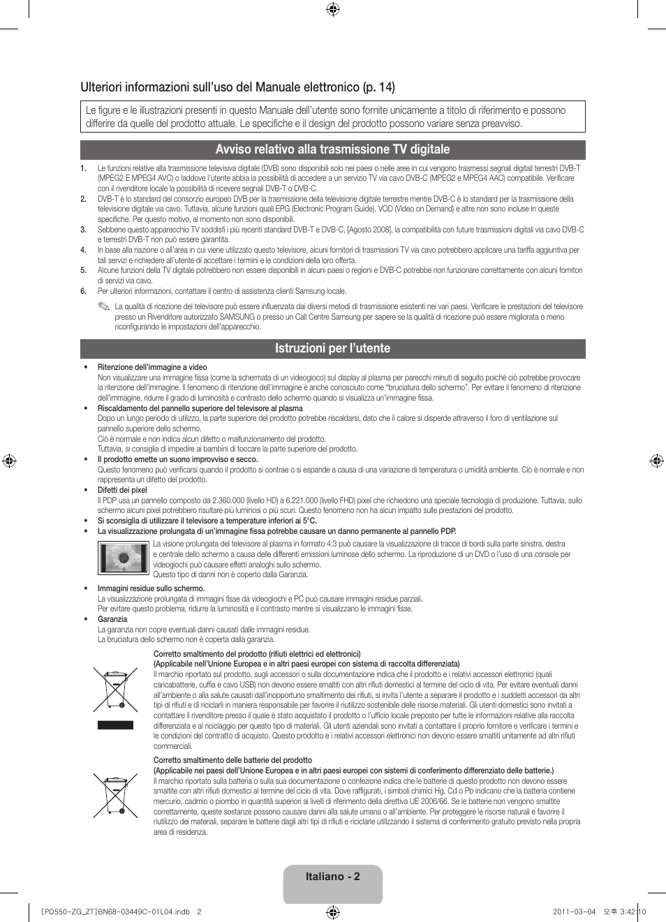 Avviso relativo alla trasmissione tv digitale, Istruzioni per l’utente | Samsung PS59D550C1W User Manual | Page 60 / 78