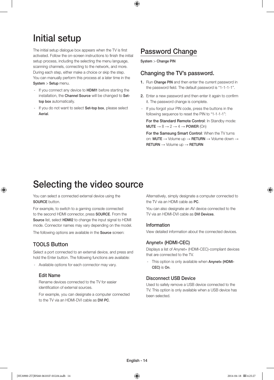 Initial setup, Selecting the video source, Password change | Changing the tv’s password, Button, Tools | Samsung UE50HU6900D User Manual | Page 14 / 73