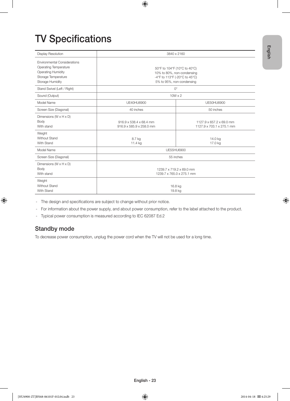 Tv specifications, Standby mode | Samsung UE50HU6900D User Manual | Page 23 / 73