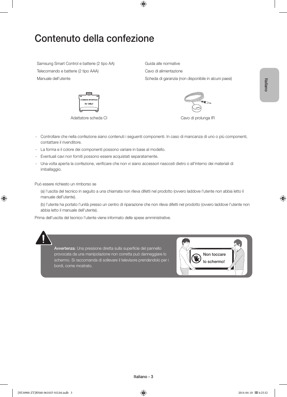 Contenuto della confezione | Samsung UE50HU6900D User Manual | Page 27 / 73