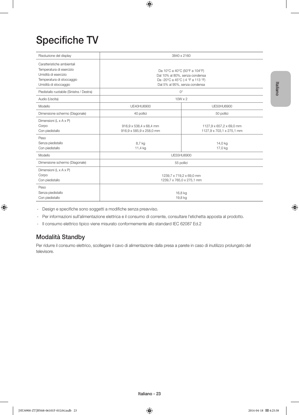 Specifiche tv, Modalità standby | Samsung UE50HU6900D User Manual | Page 47 / 73