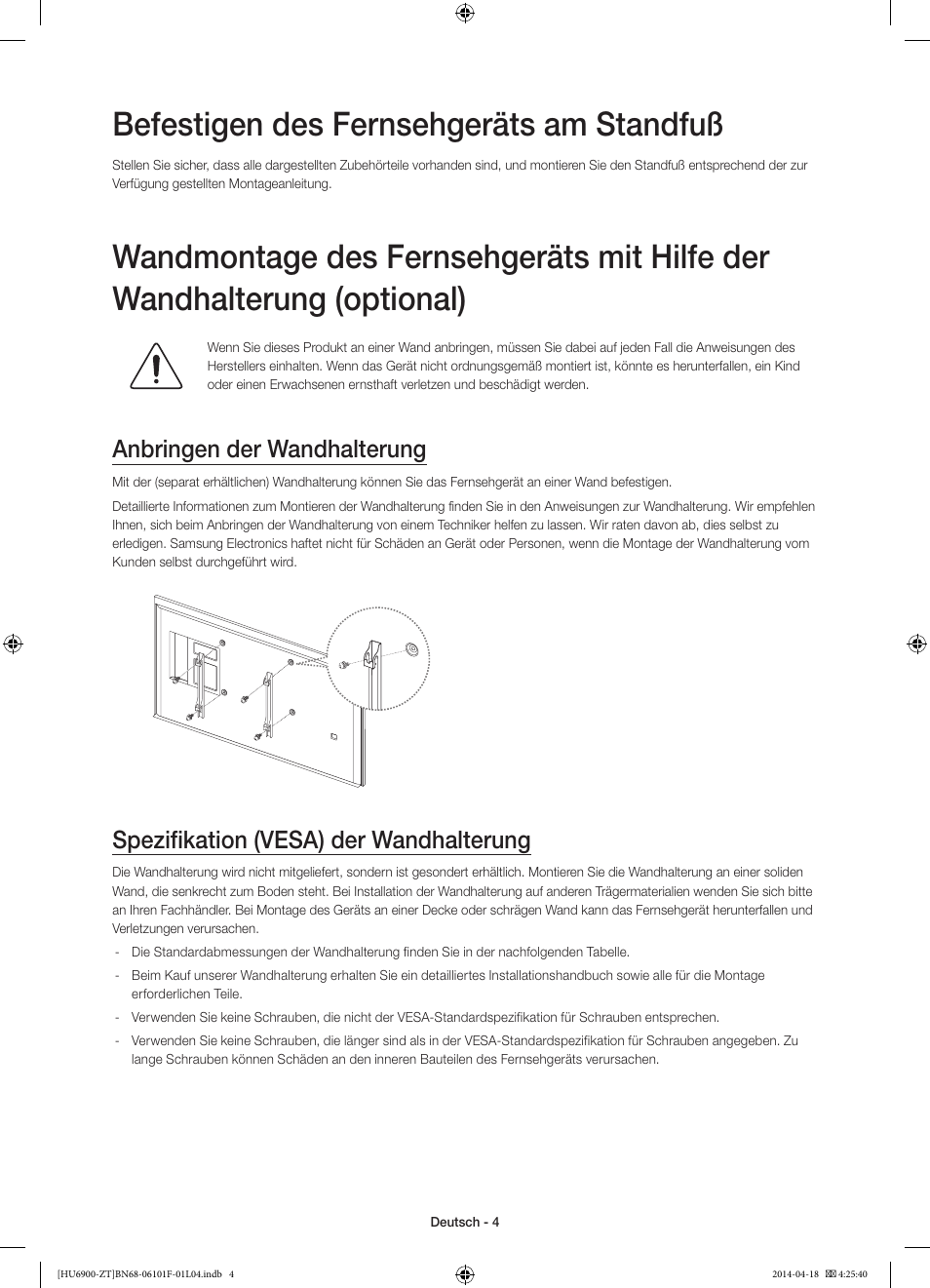 Befestigen des fernsehgeräts am standfuß, Anbringen der wandhalterung, Spezifikation (vesa) der wandhalterung | Samsung UE50HU6900D User Manual | Page 52 / 73