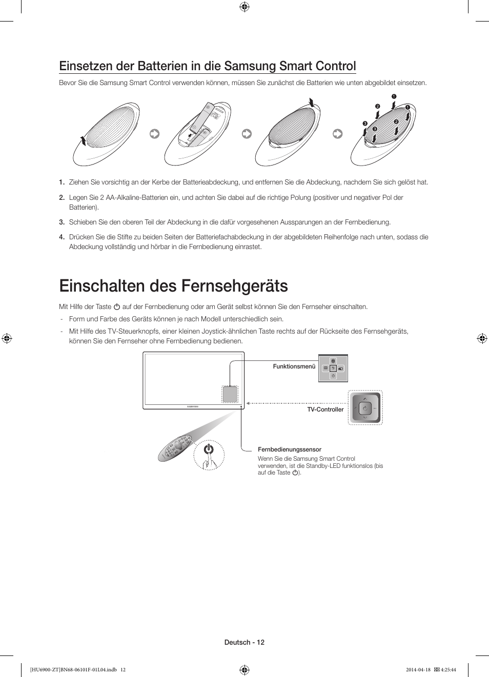 Einschalten des fernsehgeräts | Samsung UE50HU6900D User Manual | Page 60 / 73
