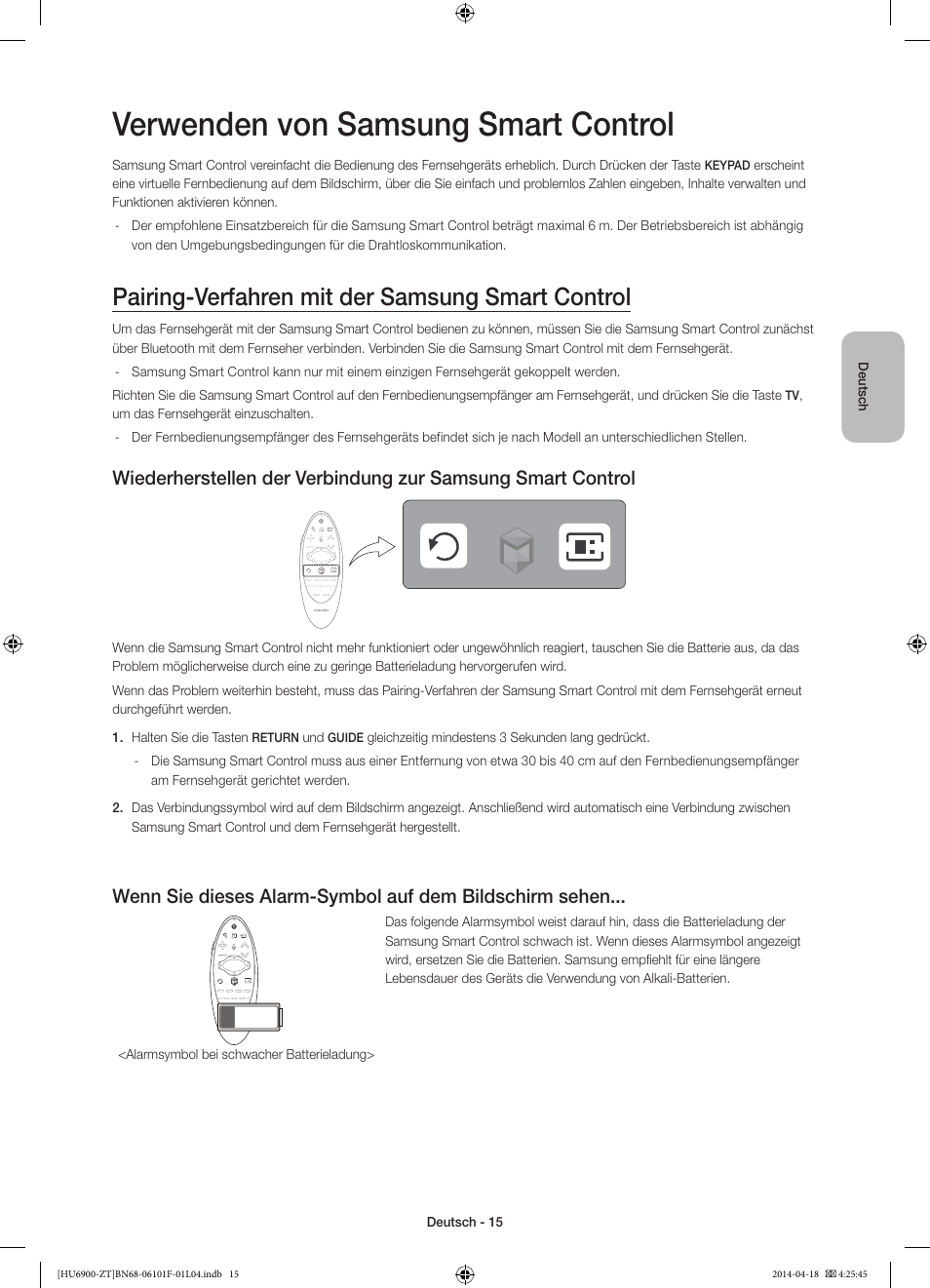 Verwenden von samsung smart control, Pairing-verfahren mit der samsung smart control | Samsung UE50HU6900D User Manual | Page 63 / 73