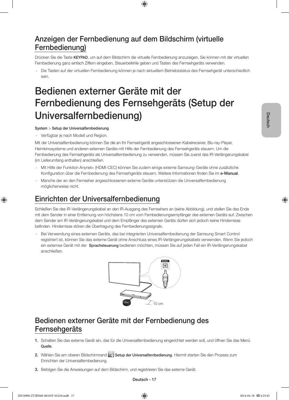 Einrichten der universalfernbedienung | Samsung UE50HU6900D User Manual | Page 65 / 73