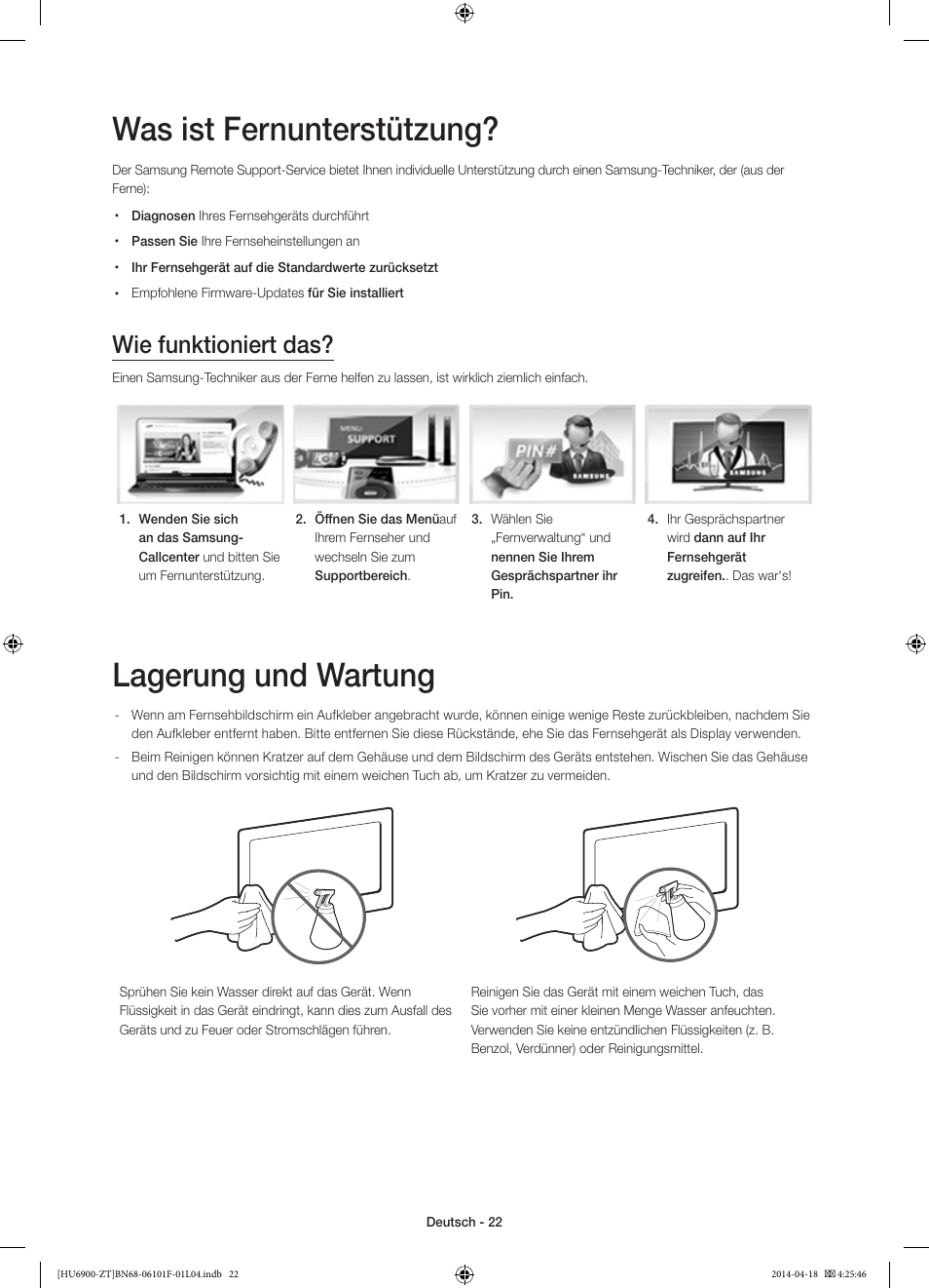 Was ist fernunterstützung, Lagerung und wartung, Wie funktioniert das | Samsung UE50HU6900D User Manual | Page 70 / 73