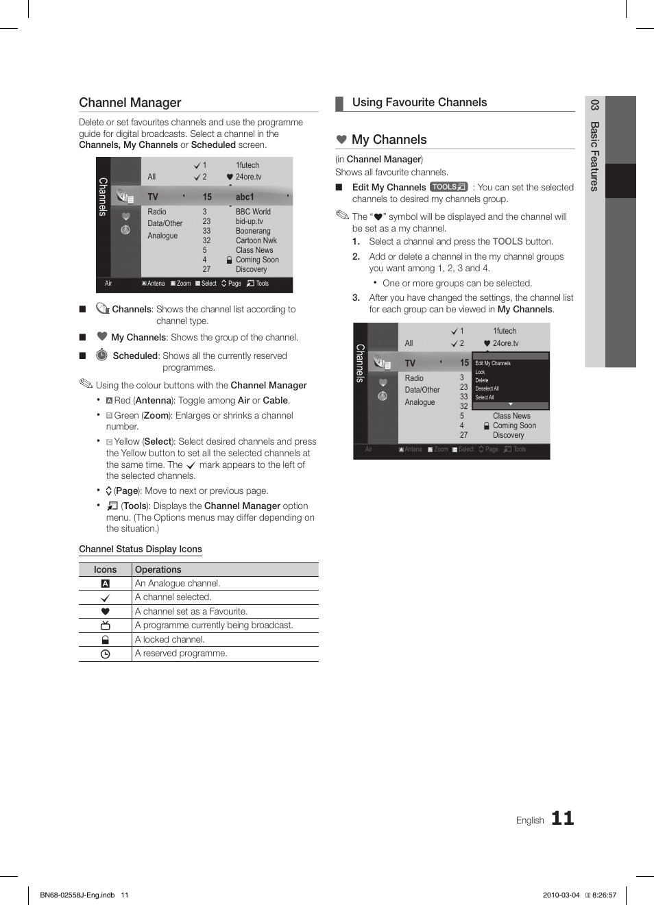 Channel manager, My channels, Using ¦ favourite channels | Samsung LE32C650L1P User Manual | Page 11 / 164