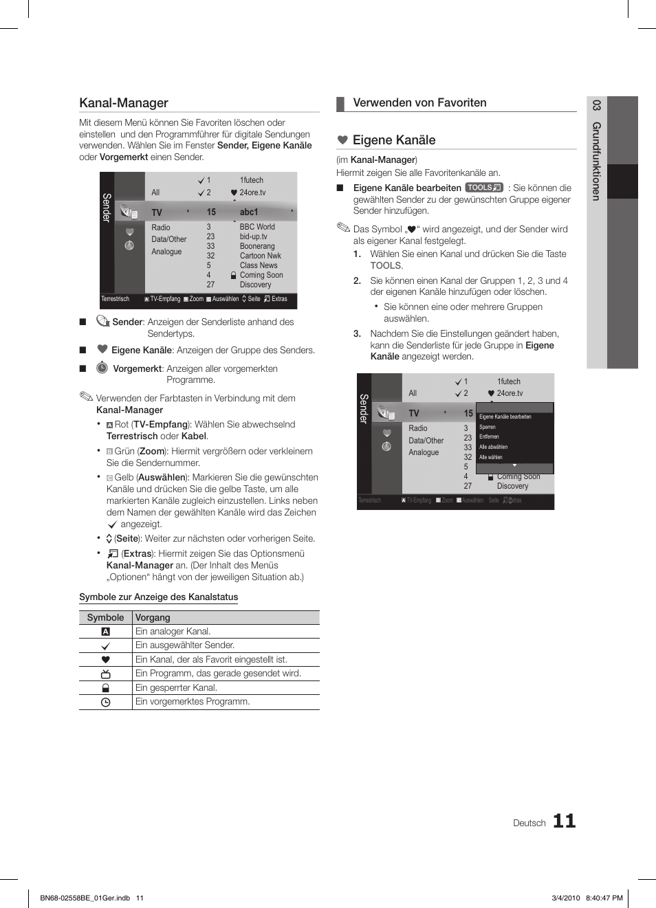 Kanal-manager, Eigene kanäle, Verwenden von favoriten | Samsung LE32C650L1P User Manual | Page 120 / 164