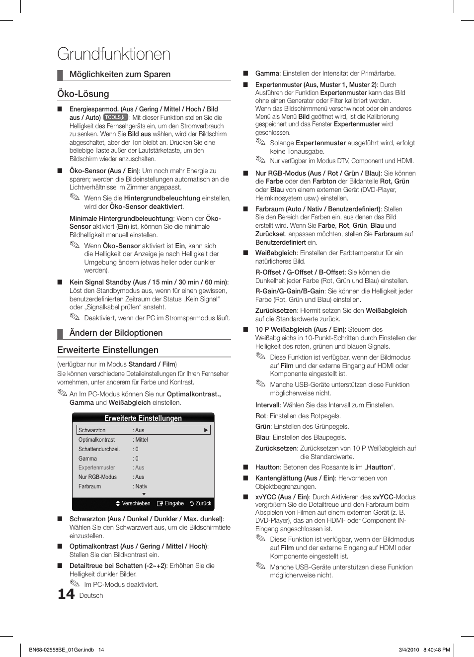 Grundfunktionen, Öko-lösung, Erweiterte einstellungen | Samsung LE32C650L1P User Manual | Page 123 / 164