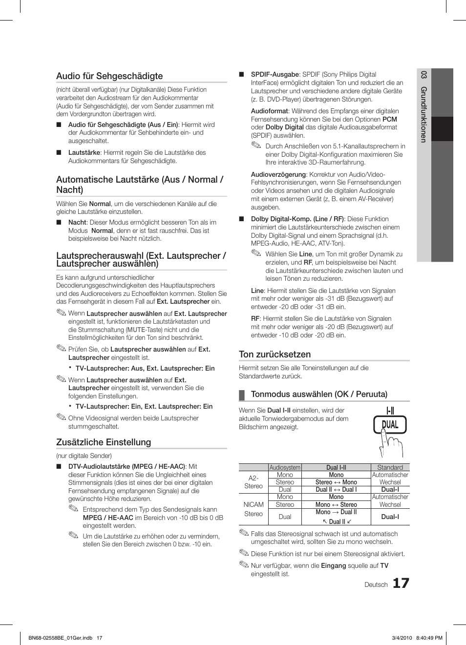 Audio für sehgeschädigte, Automatische lautstärke (aus / normal / nacht), Zusätzliche einstellung | Ton zurücksetzen | Samsung LE32C650L1P User Manual | Page 126 / 164