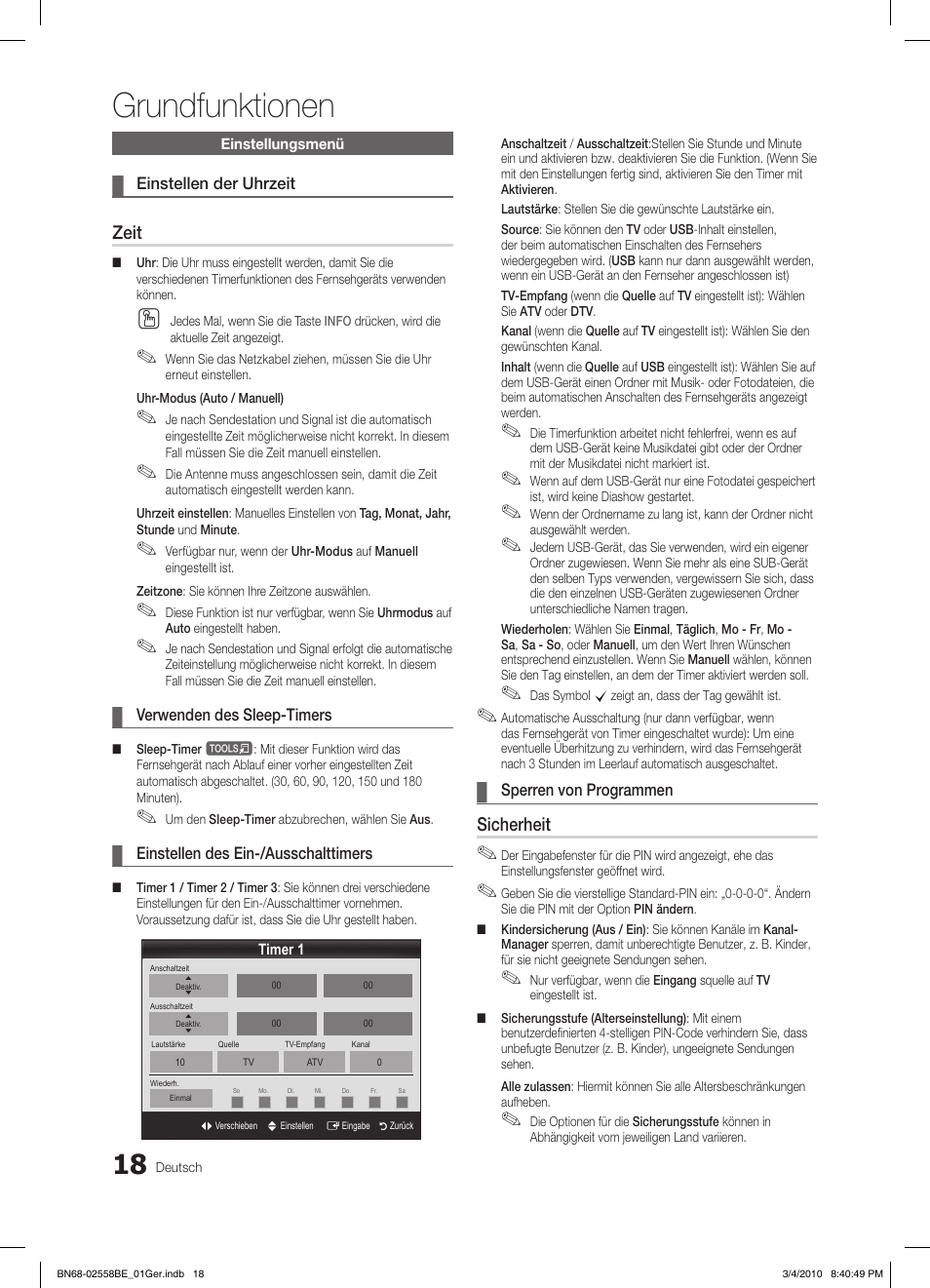 Grundfunktionen, Zeit, Sicherheit | Samsung LE32C650L1P User Manual | Page 127 / 164