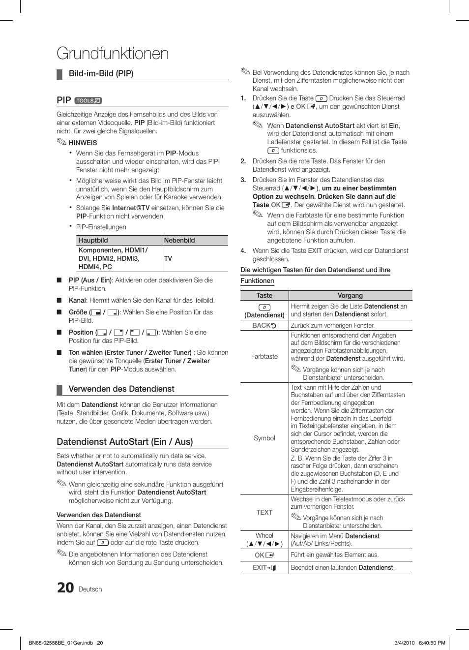 Grundfunktionen, Datendienst autostart (ein / aus) | Samsung LE32C650L1P User Manual | Page 129 / 164