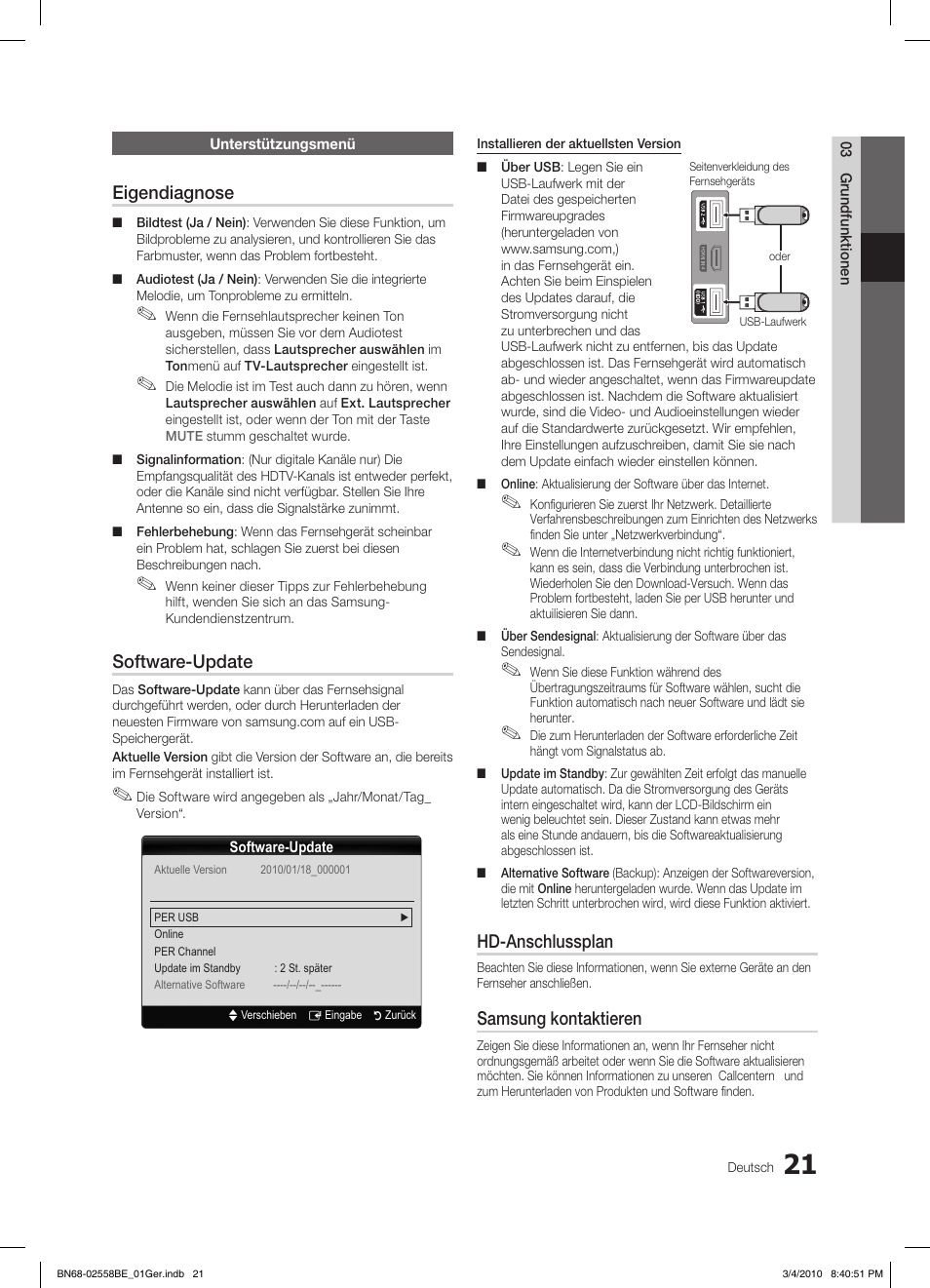 Eigendiagnose, Software-update, Hd-anschlussplan | Samsung kontaktieren | Samsung LE32C650L1P User Manual | Page 130 / 164