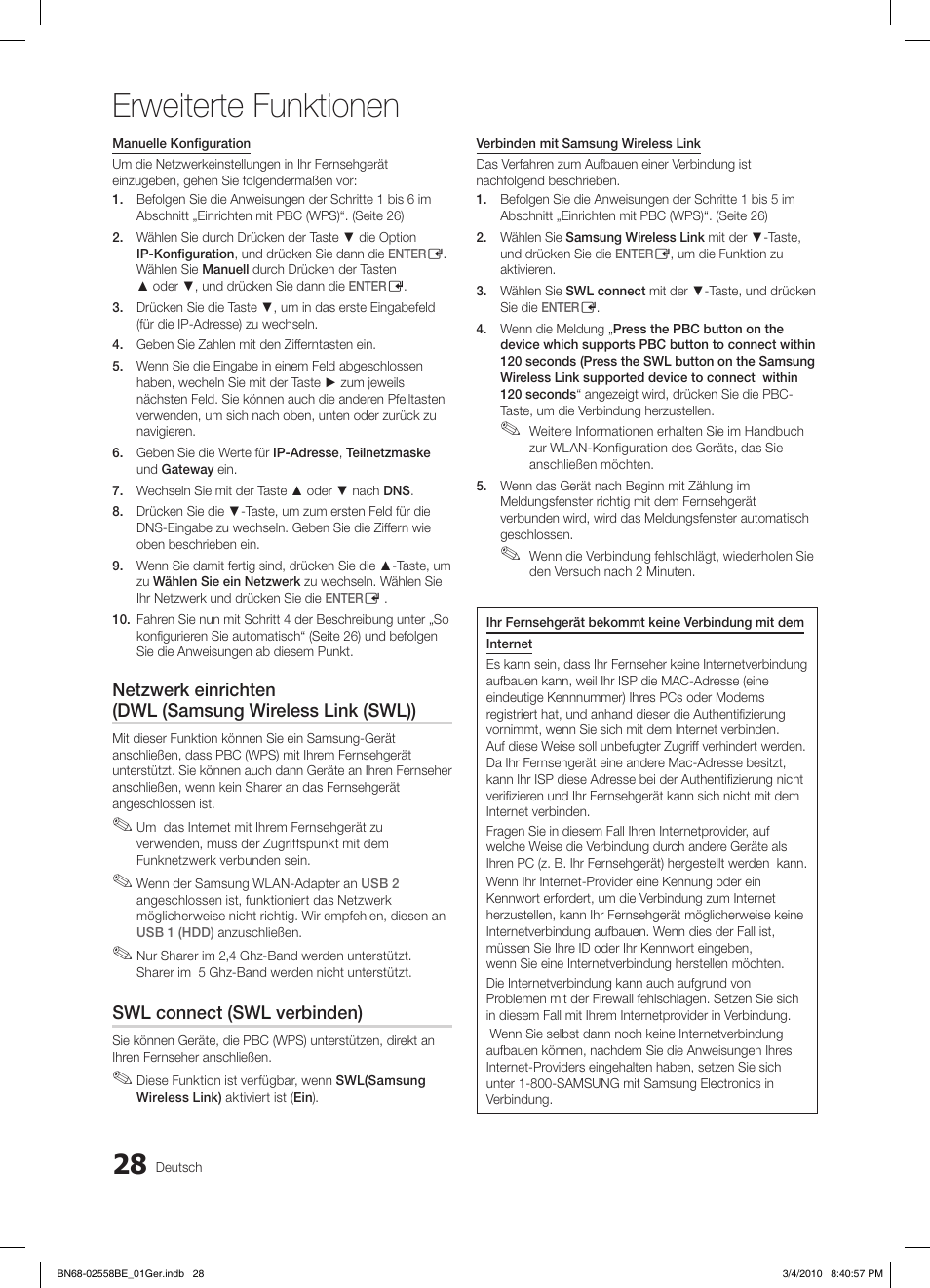 Erweiterte funktionen, Swl connect (swl verbinden) | Samsung LE32C650L1P User Manual | Page 137 / 164