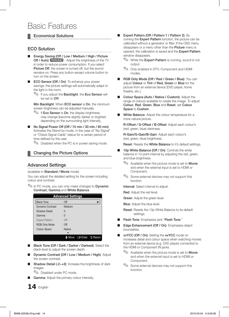 Basic features, Eco solution, Advanced settings | Samsung LE32C650L1P User Manual | Page 14 / 164