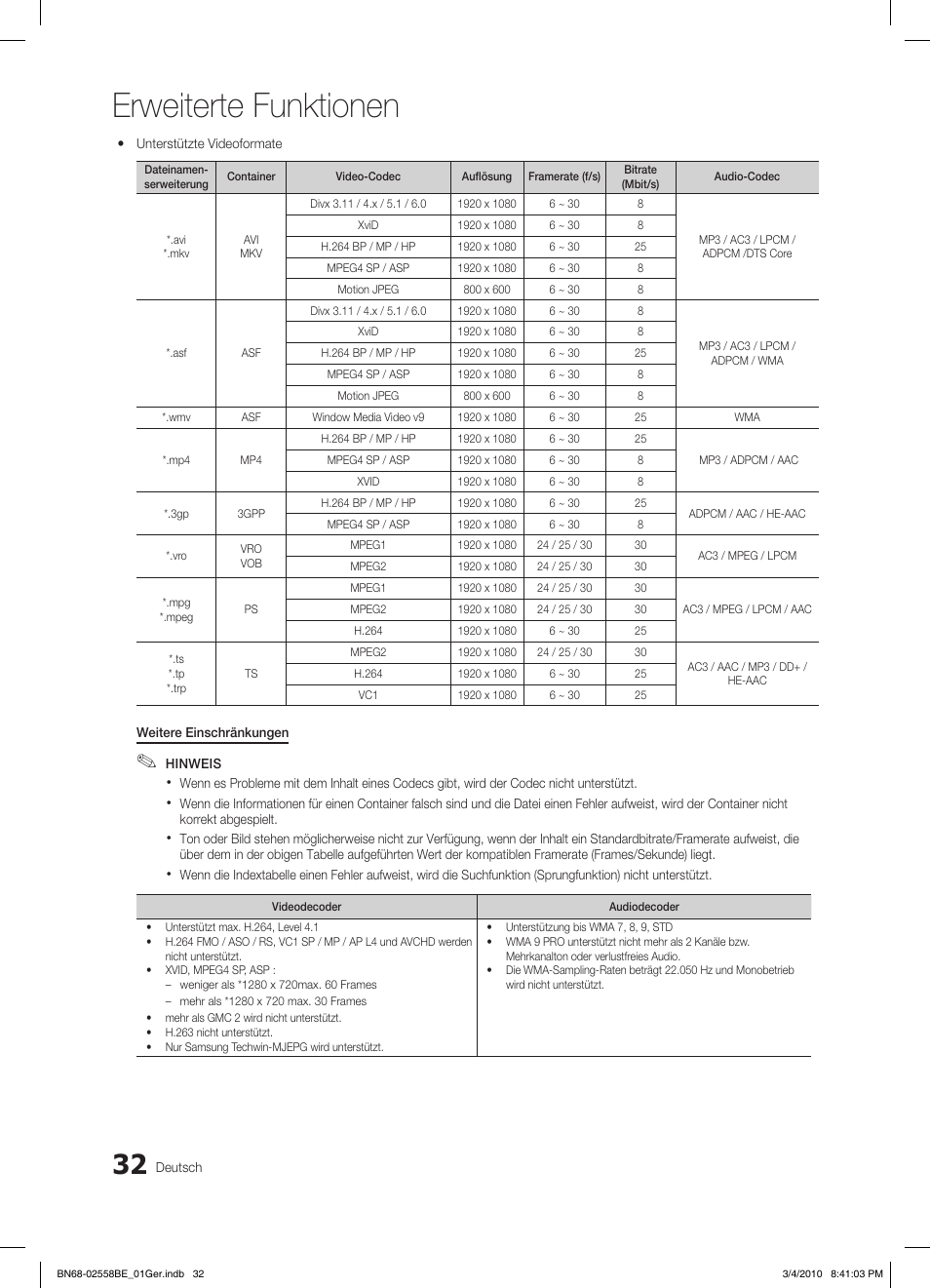 Erweiterte funktionen | Samsung LE32C650L1P User Manual | Page 141 / 164