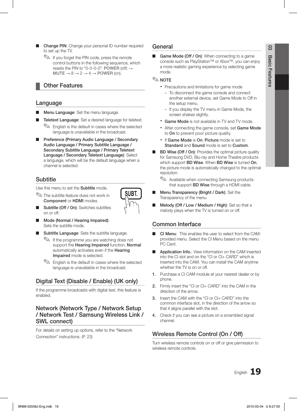 Other features ¦ language, Subtitle, Digital text (disable / enable) (uk only) | General, Common interface, Wireless remote control (on / off) | Samsung LE32C650L1P User Manual | Page 19 / 164