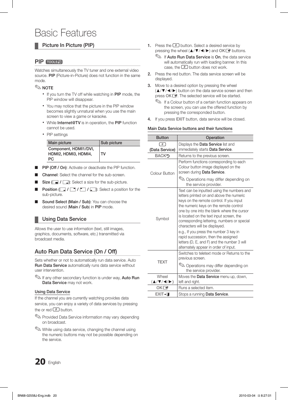 Basic features, Auto run data service (on / off) | Samsung LE32C650L1P User Manual | Page 20 / 164