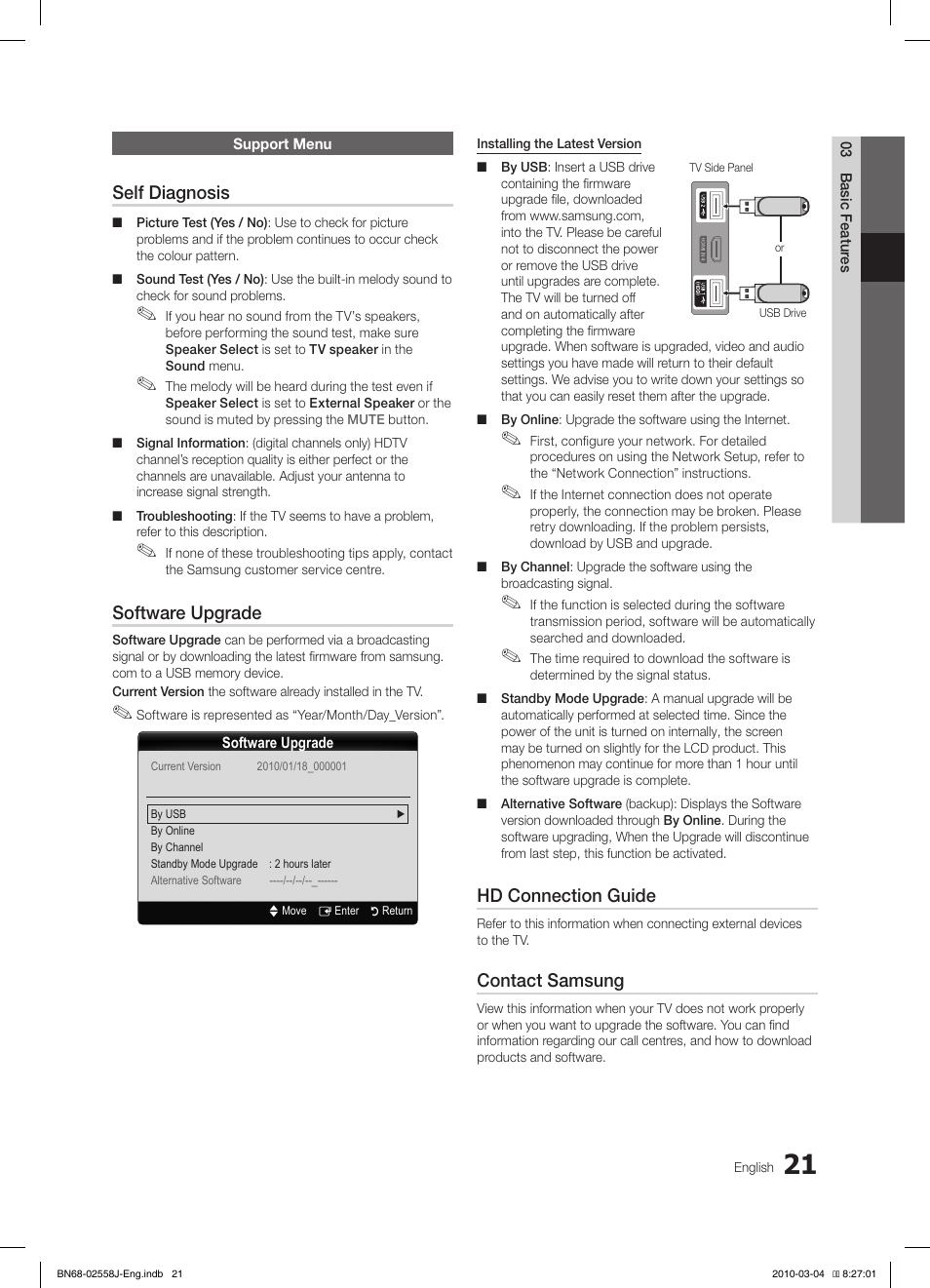 Self diagnosis, Software upgrade, Hd connection guide | Contact samsung | Samsung LE32C650L1P User Manual | Page 21 / 164