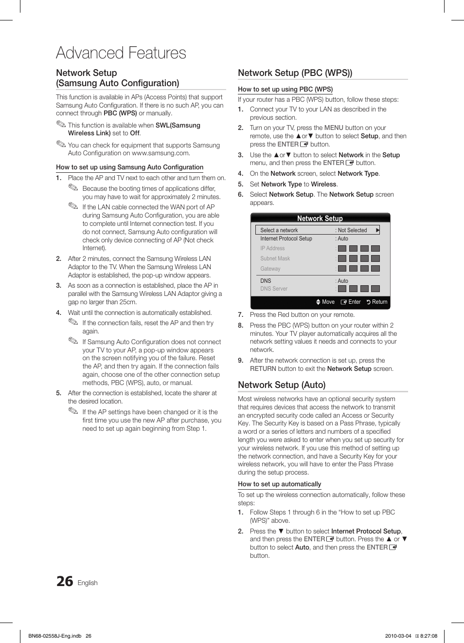 Advanced features, Network setup (samsung auto configuration), Network setup (pbc (wps)) | Network setup (auto) | Samsung LE32C650L1P User Manual | Page 26 / 164