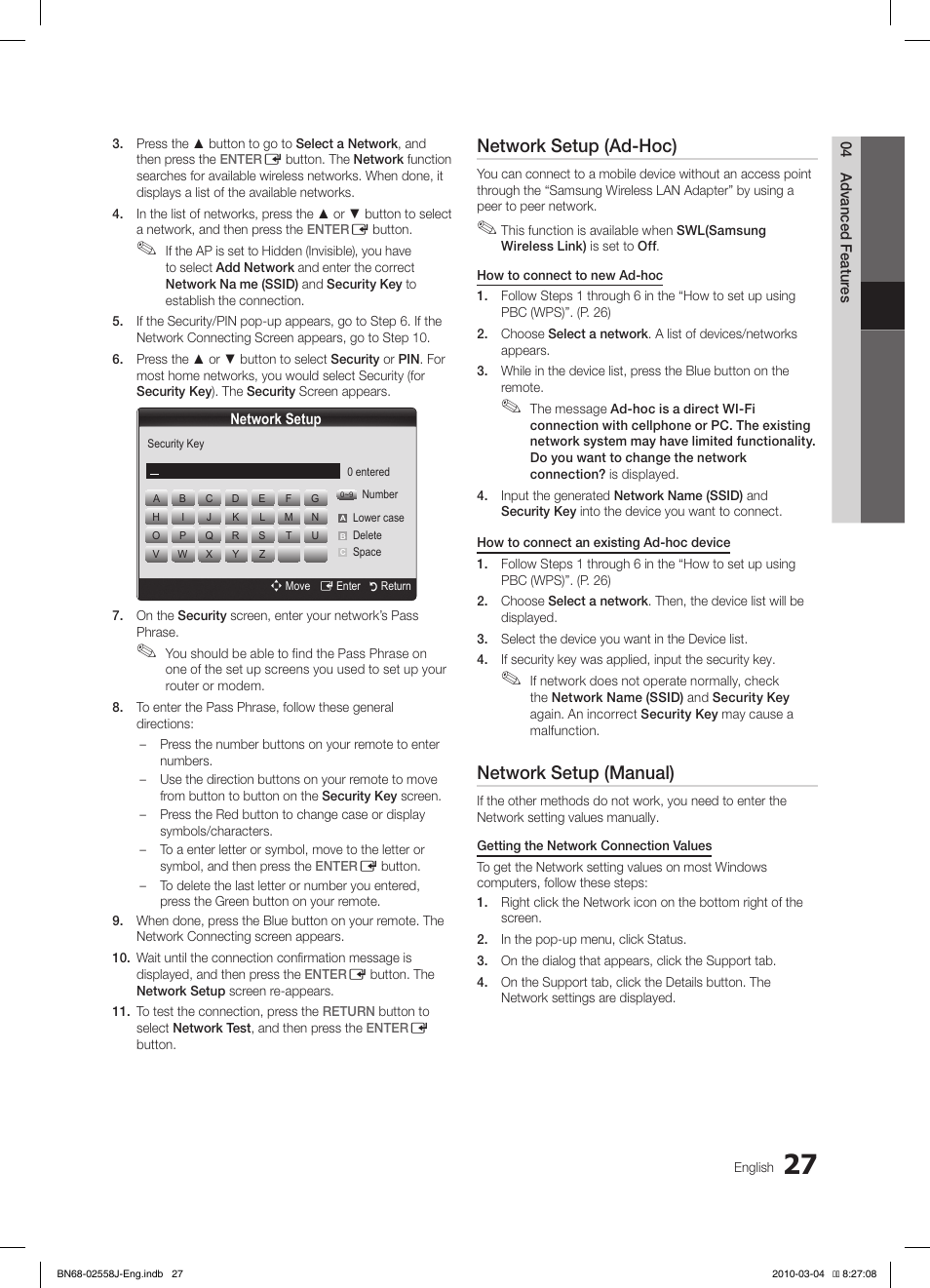 Network setup (ad-hoc), Network setup (manual) | Samsung LE32C650L1P User Manual | Page 27 / 164