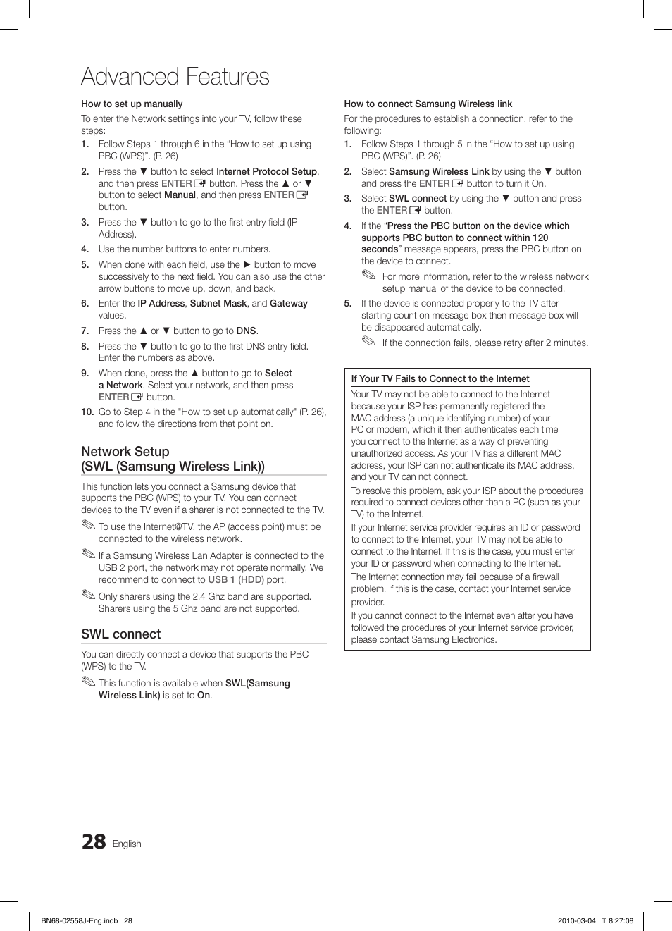 Advanced features, Network setup (swl (samsung wireless link)), Swl connect | Samsung LE32C650L1P User Manual | Page 28 / 164