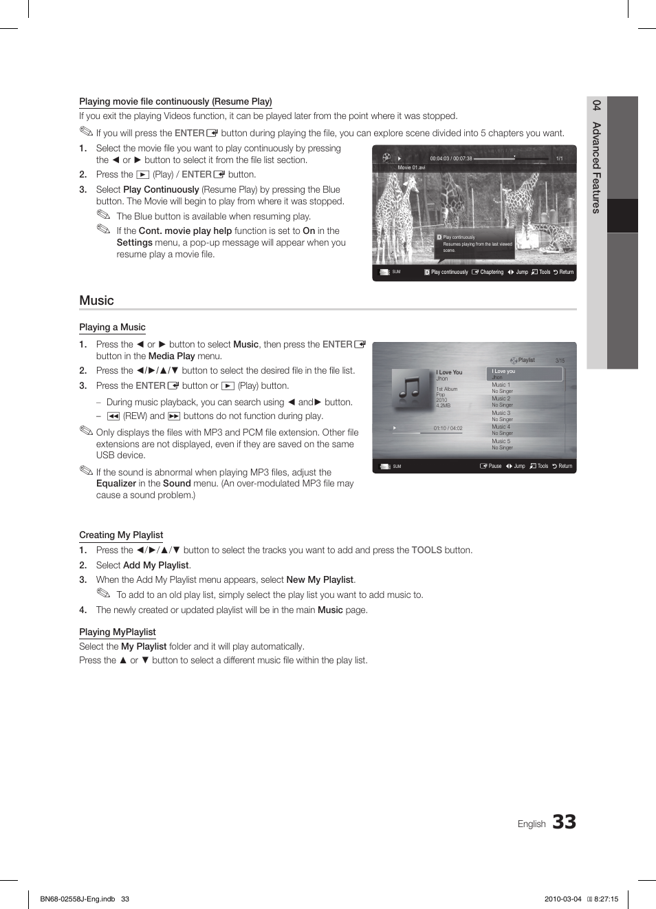 Music | Samsung LE32C650L1P User Manual | Page 33 / 164