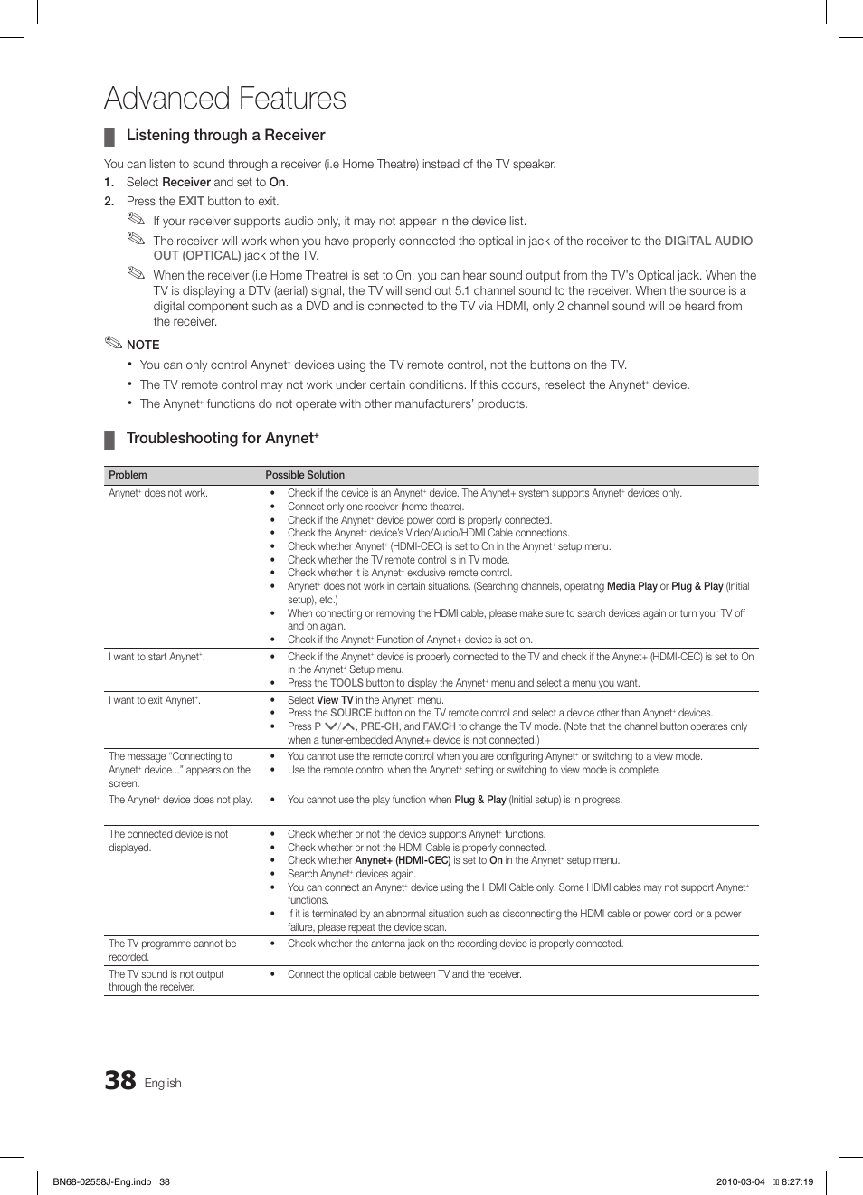 Advanced features, Listening through a receiver, Troubleshooting for anynet | Samsung LE32C650L1P User Manual | Page 38 / 164