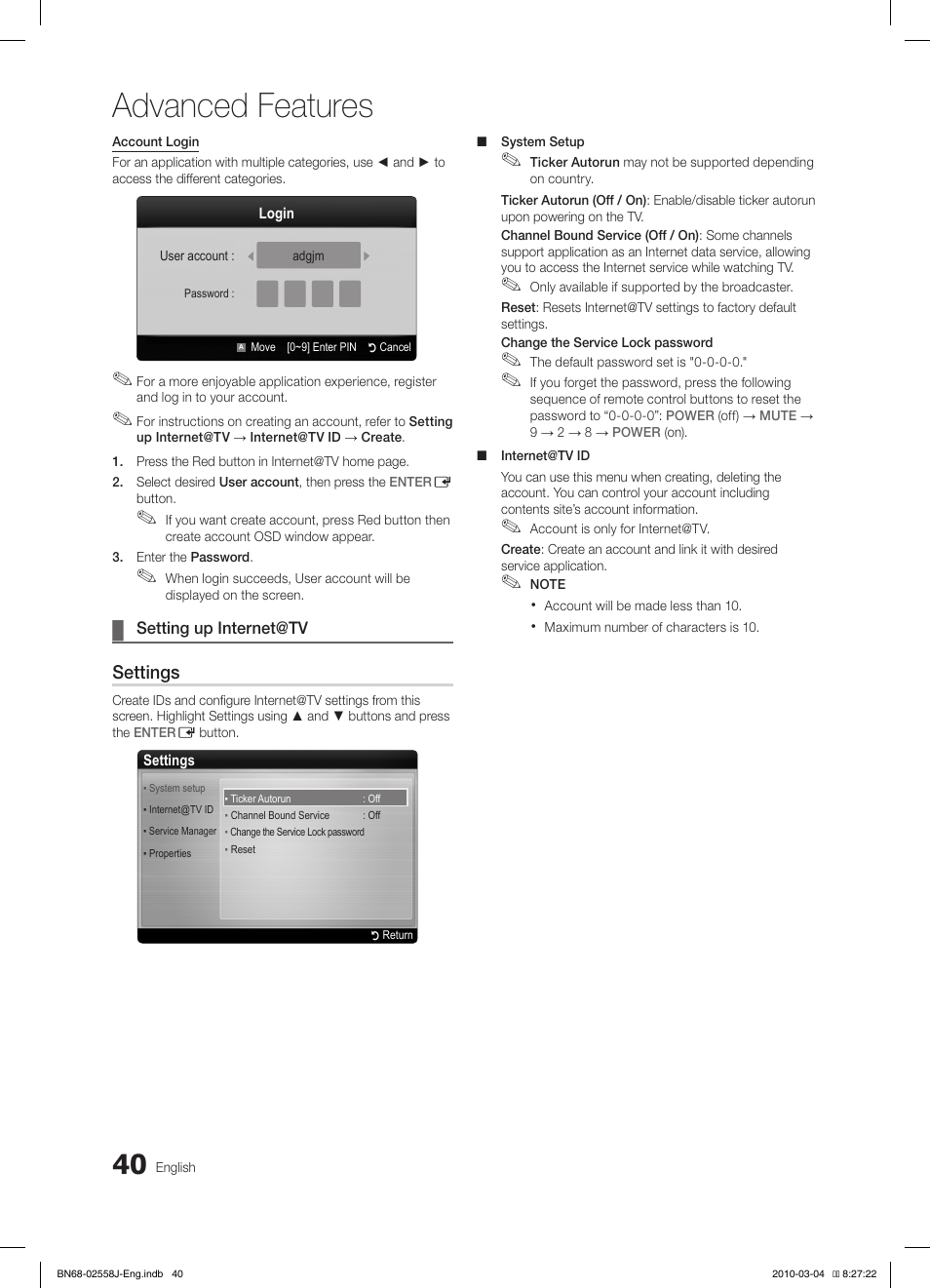 Advanced features, Settings | Samsung LE32C650L1P User Manual | Page 40 / 164