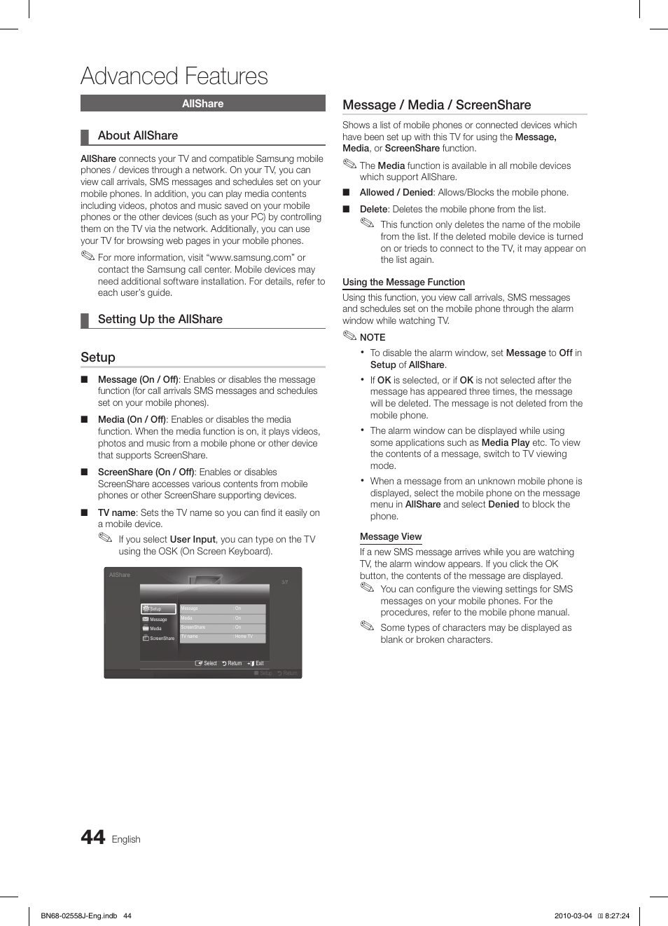 Advanced features, Setup, Message / media / screenshare | Samsung LE32C650L1P User Manual | Page 44 / 164