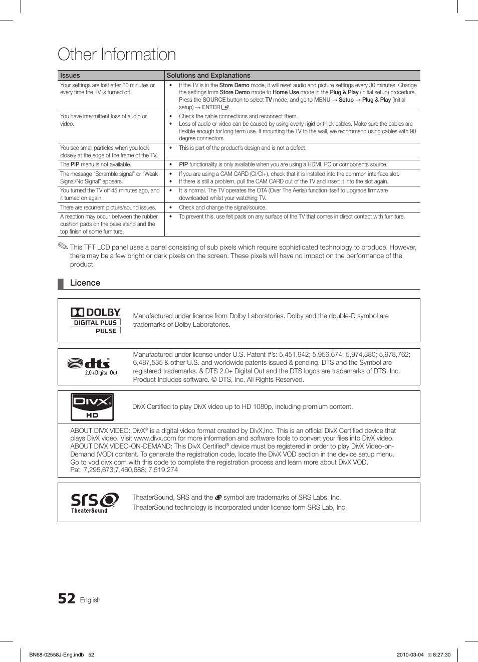 Other information, Licence | Samsung LE32C650L1P User Manual | Page 52 / 164