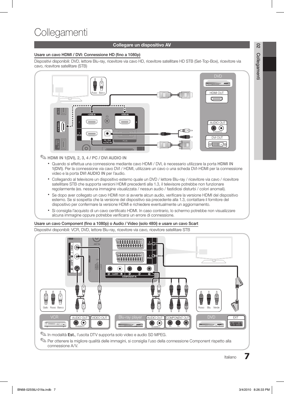 Collegamenti, 02 collegamenti, Collegare un dispositivo av | Italiano, Connessione a/v, Blu-ray player dvd vcr | Samsung LE32C650L1P User Manual | Page 61 / 164