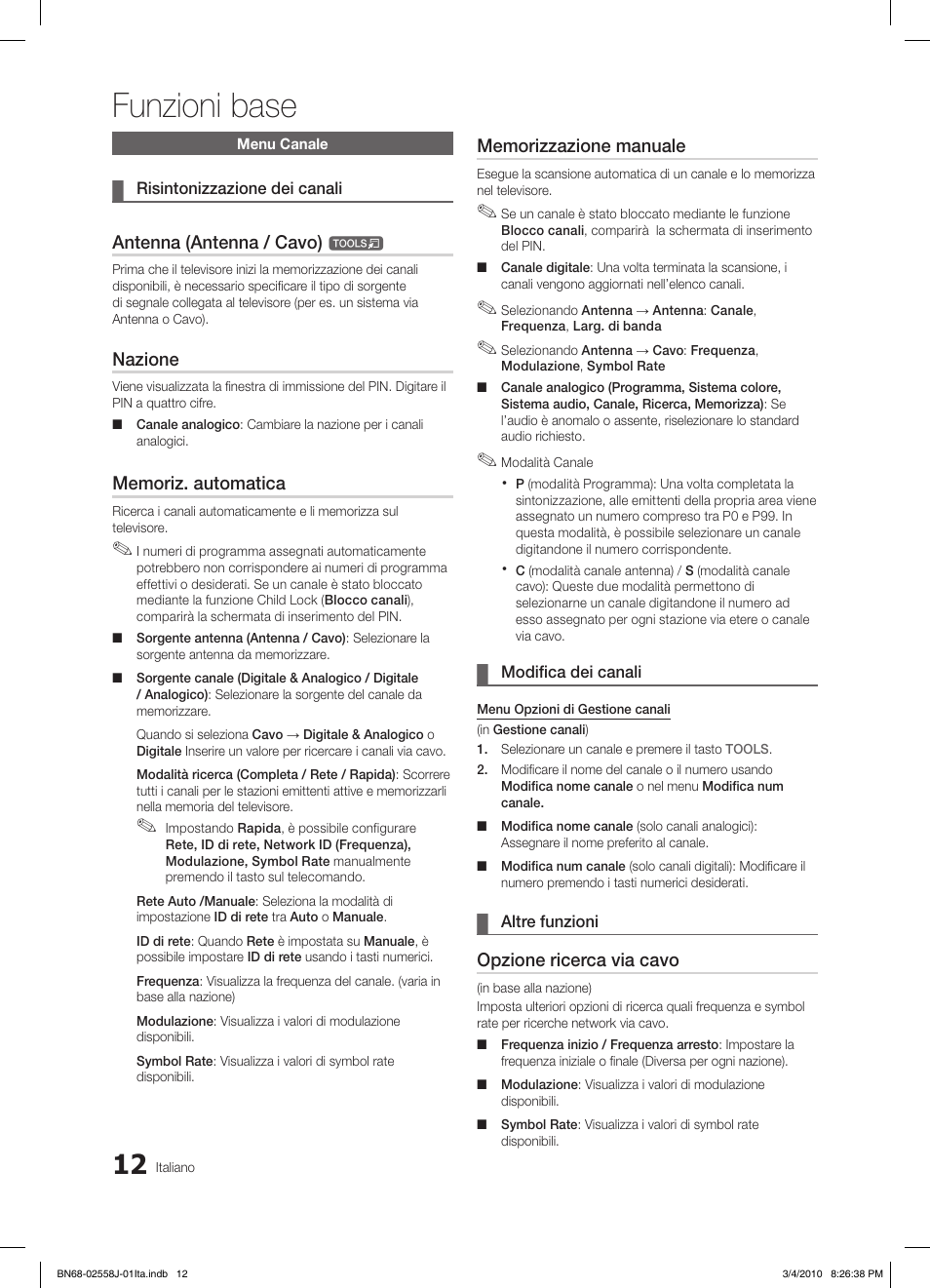 Funzioni base, Antenna (antenna / cavo), Nazione | Opzione ricerca via cavo | Samsung LE32C650L1P User Manual | Page 66 / 164