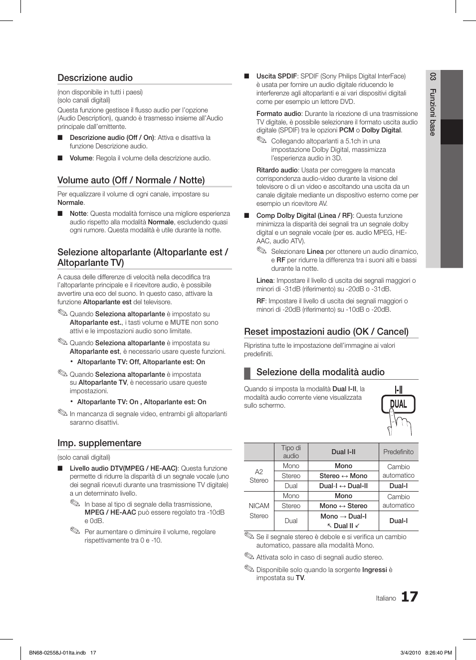 Descrizione audio, Volume auto (off / normale / notte), Imp. supplementare | Reset impostazioni audio (ok / cancel), Selezione della modalità audio | Samsung LE32C650L1P User Manual | Page 71 / 164