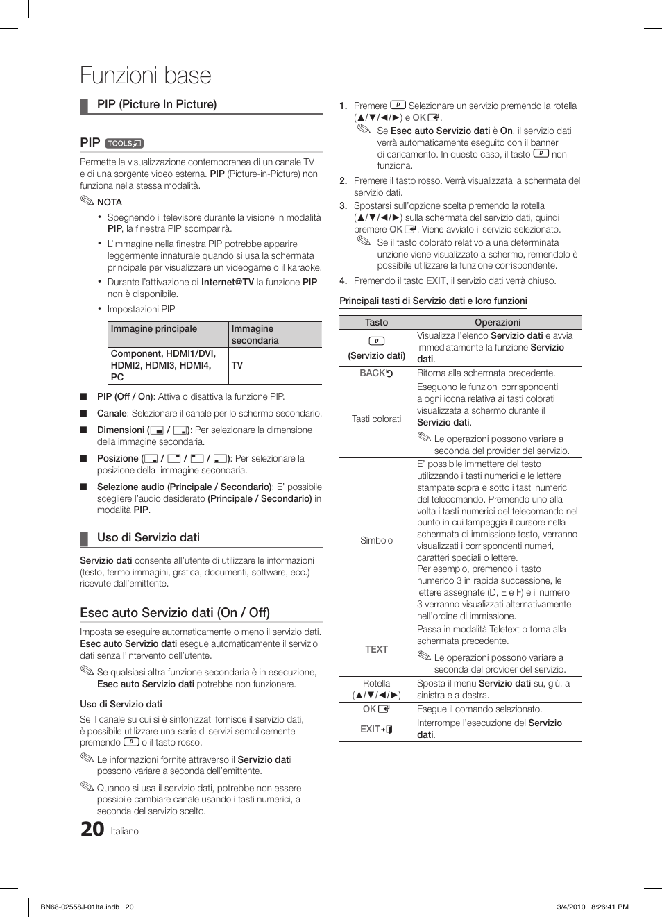 Funzioni base, Esec auto servizio dati (on / off) | Samsung LE32C650L1P User Manual | Page 74 / 164