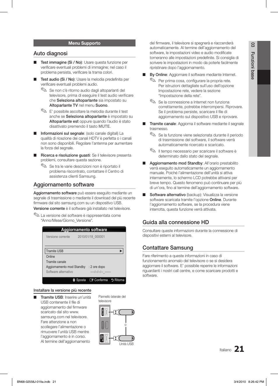 Auto diagnosi, Aggiornamento software, Guida alla connessione hd | Contattare samsung | Samsung LE32C650L1P User Manual | Page 75 / 164