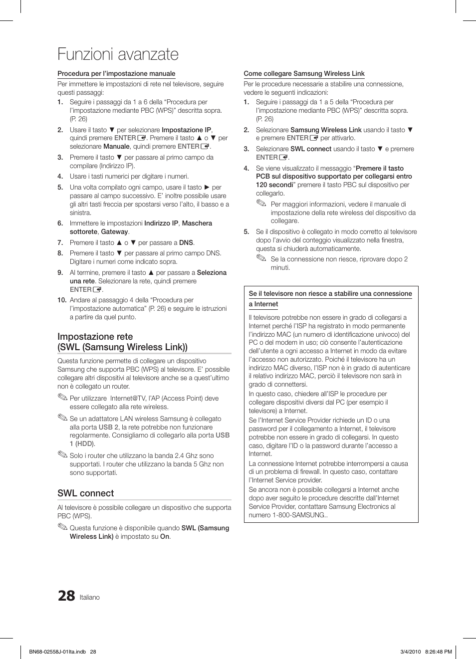 Funzioni avanzate, Impostazione rete (swl (samsung wireless link)), Swl connect | Samsung LE32C650L1P User Manual | Page 82 / 164