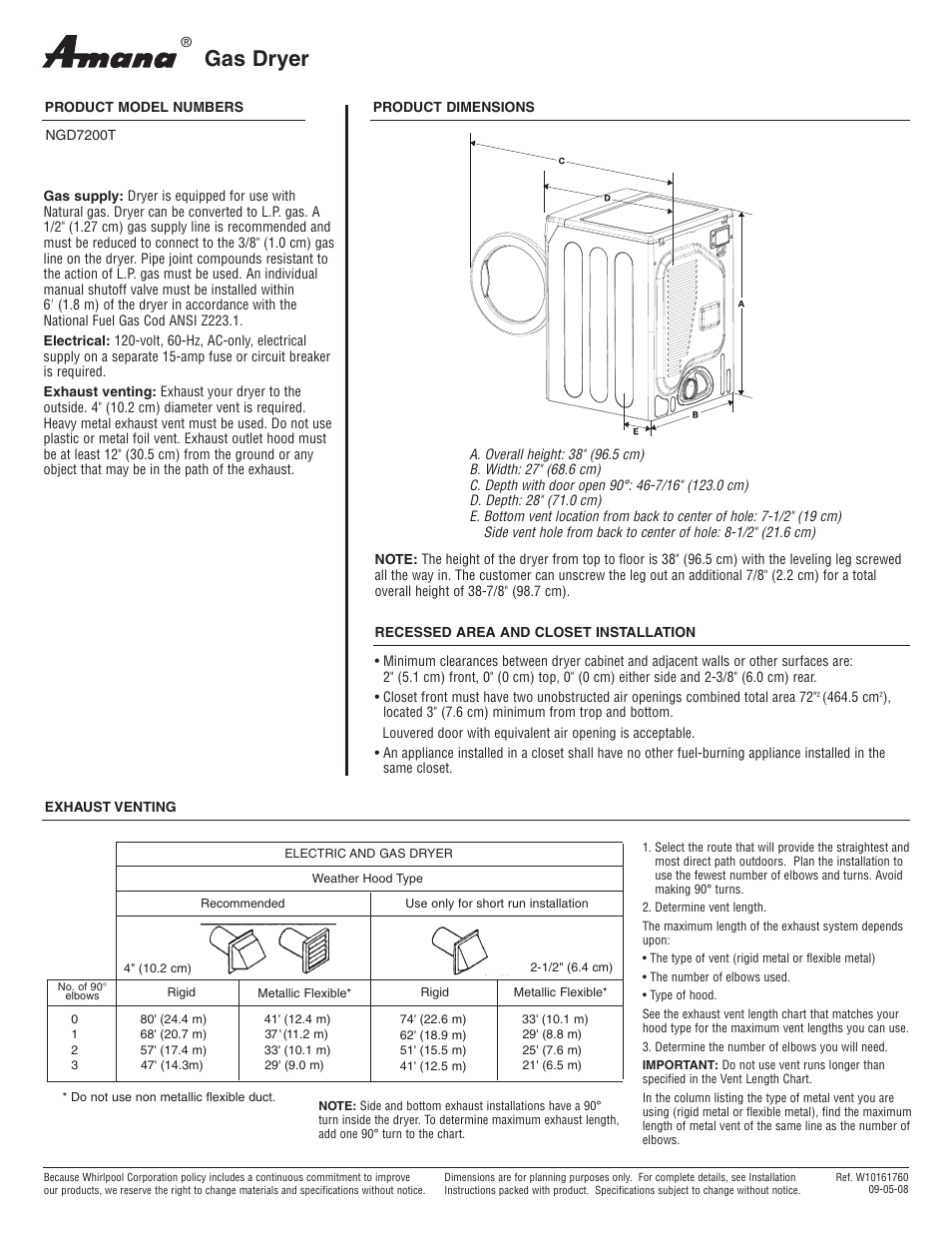 Amana NGD7200T User Manual | 1 page