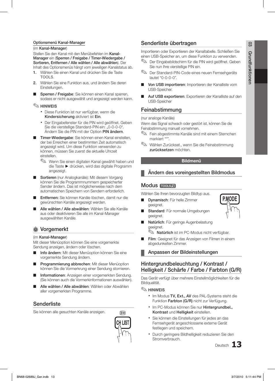 S.mode p.mode, Vorgemerkt, Senderliste | Senderliste übertragen, Feinabstimmung, Modus | Samsung LE46C630K1P User Manual | Page 112 / 149