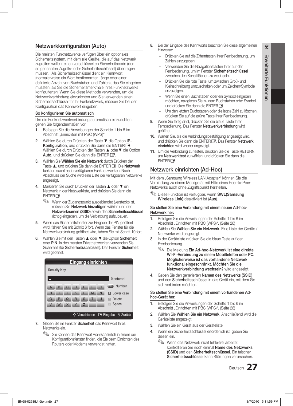 Netzwerkkonfiguration (auto), Netzwerk einrichten (ad-hoc) | Samsung LE46C630K1P User Manual | Page 126 / 149